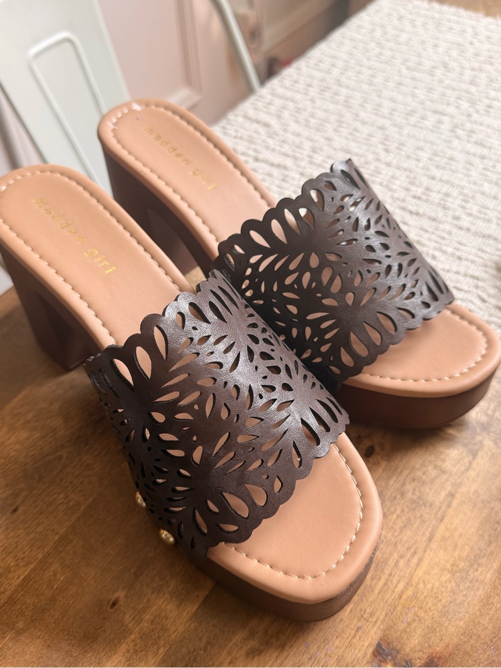 Madden Girl Brown Laser-Cut Platform Slide Sandals